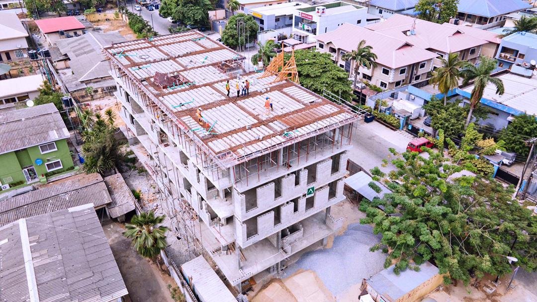 Aerial view of a reinforced concrete frame under construction, roof slab cast